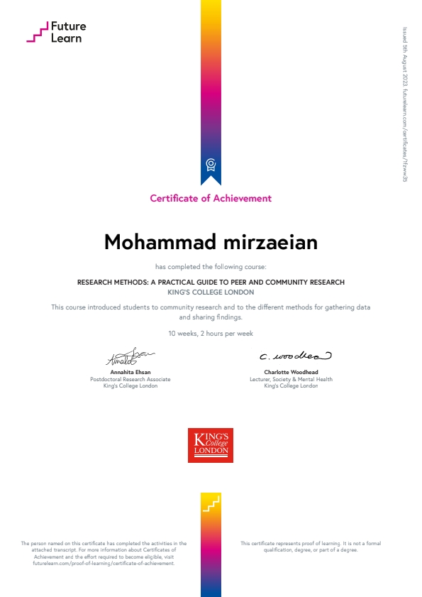 research-methods-a-practical-guide-to-peer-and-community-research_certificate_of_achievement_1fz (1) مدرک محمد میرزاییان از کینگز کالج لندن
